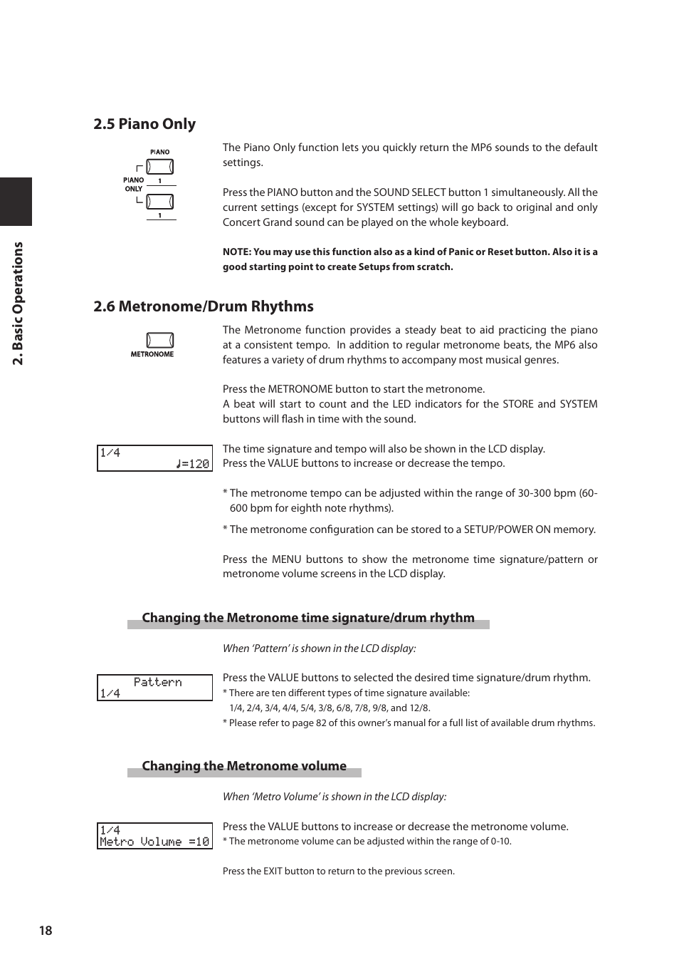 5 piano only, 6 metronome/drum rhythms | Kawai MP6 User Manual | Page 18 / 100