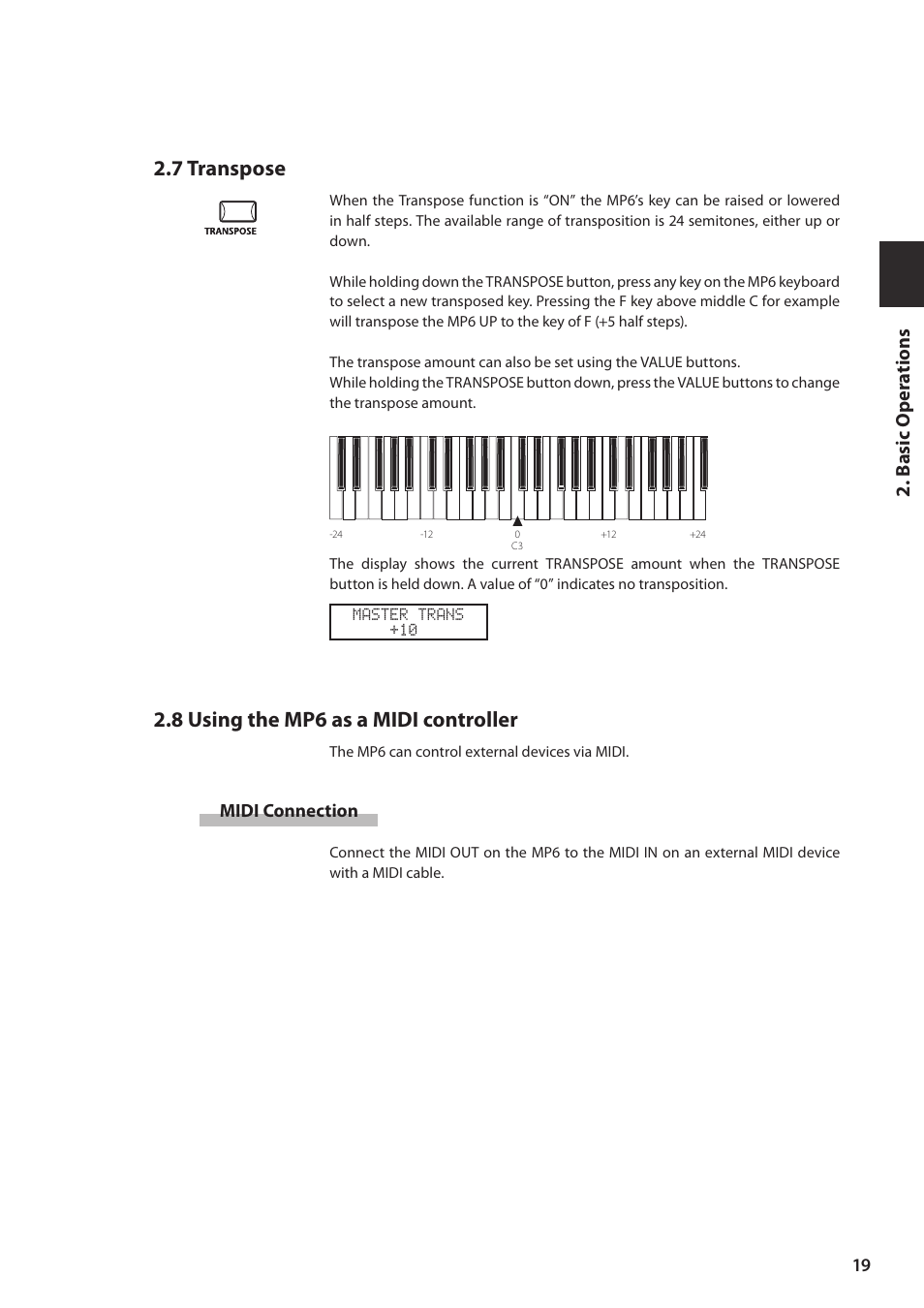 7 transpose, 8 using the mp6 as a midi controller, Basic oper a tions | Kawai MP6 User Manual | Page 19 / 100