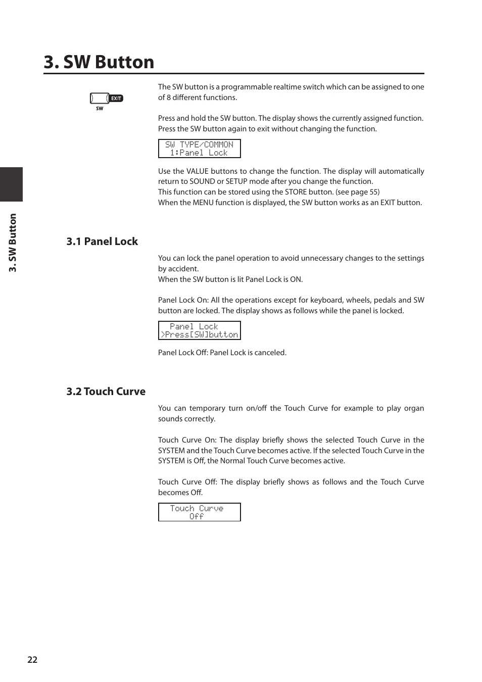 Sw button, 1 panel lock, 2 touch curve | Kawai MP6 User Manual | Page 22 / 100