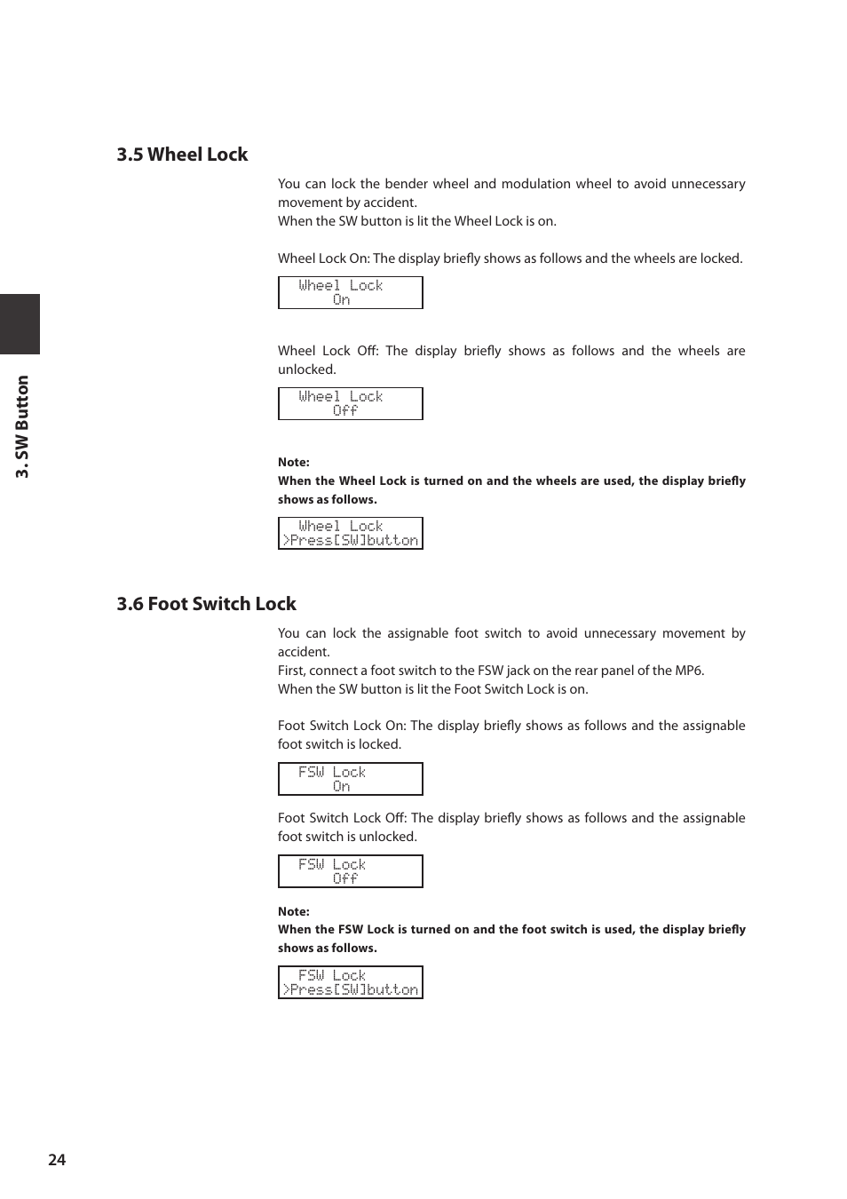 5 wheel lock, 6 foot switch lock, Sw but ton | Kawai MP6 User Manual | Page 24 / 100