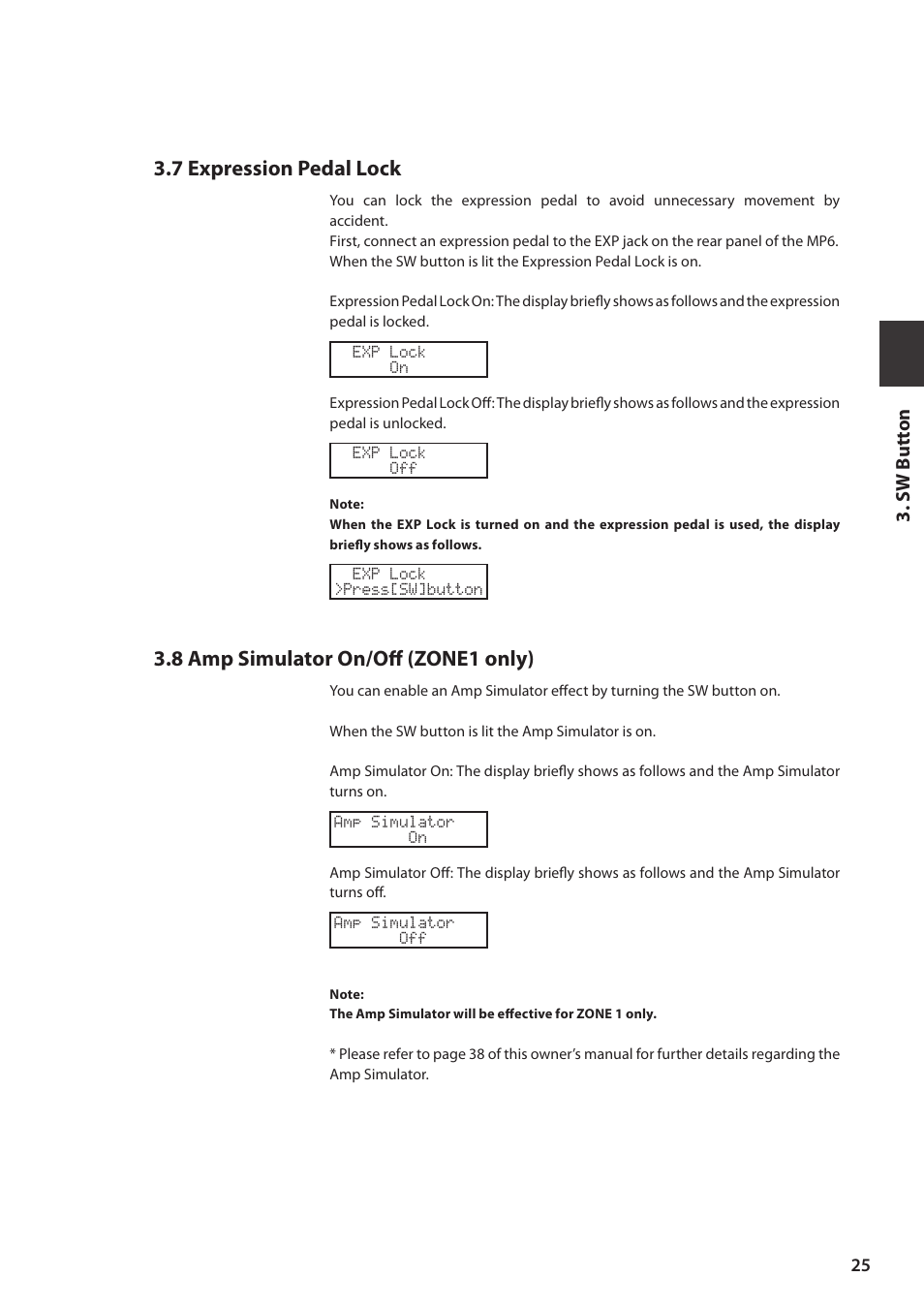 7 expression pedal lock, 8 amp simulator on/off (zone1 only), Sw but ton | Kawai MP6 User Manual | Page 25 / 100