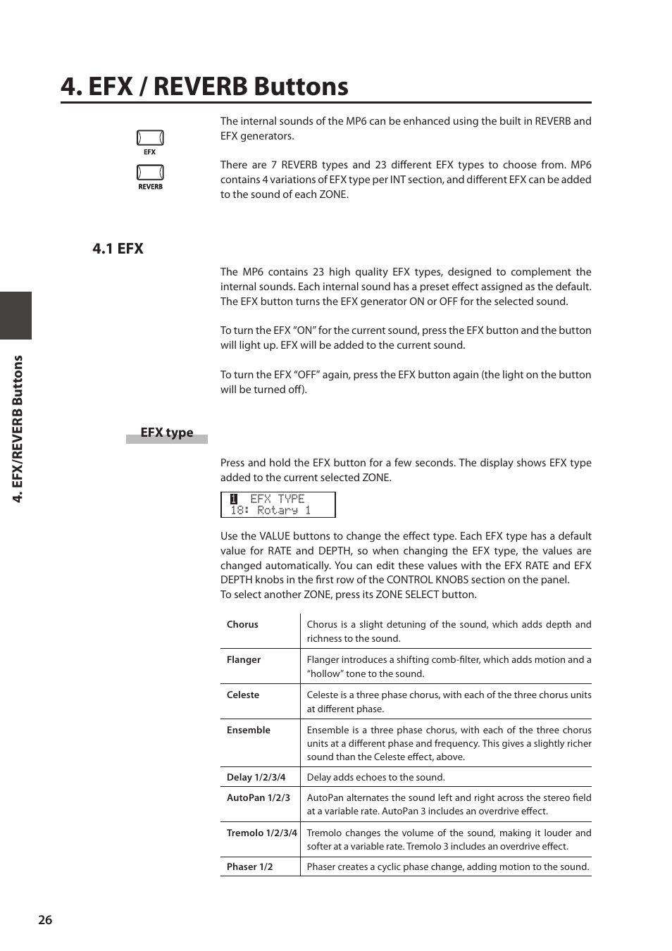 Efx / reverb buttons, 1 efx | Kawai MP6 User Manual | Page 26 / 100