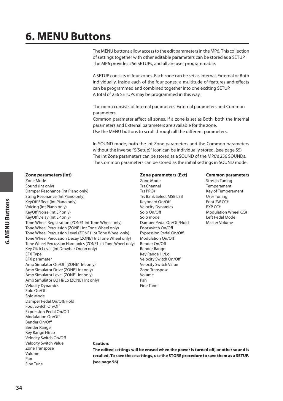 Menu buttons, M e nu but tons | Kawai MP6 User Manual | Page 34 / 100