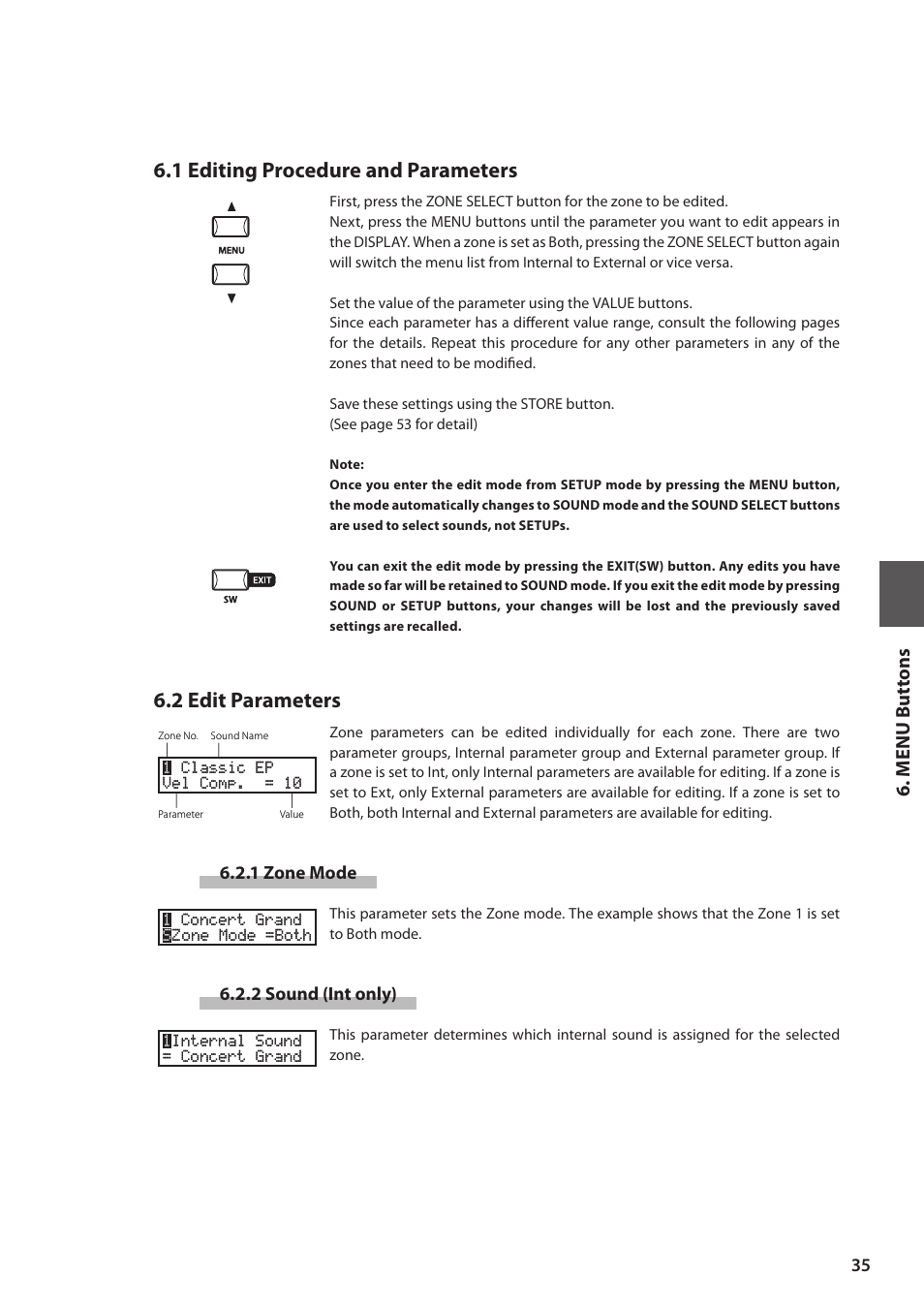 1 editing procedure and parameters, 2 edit parameters, M e nu but tons | Kawai MP6 User Manual | Page 35 / 100