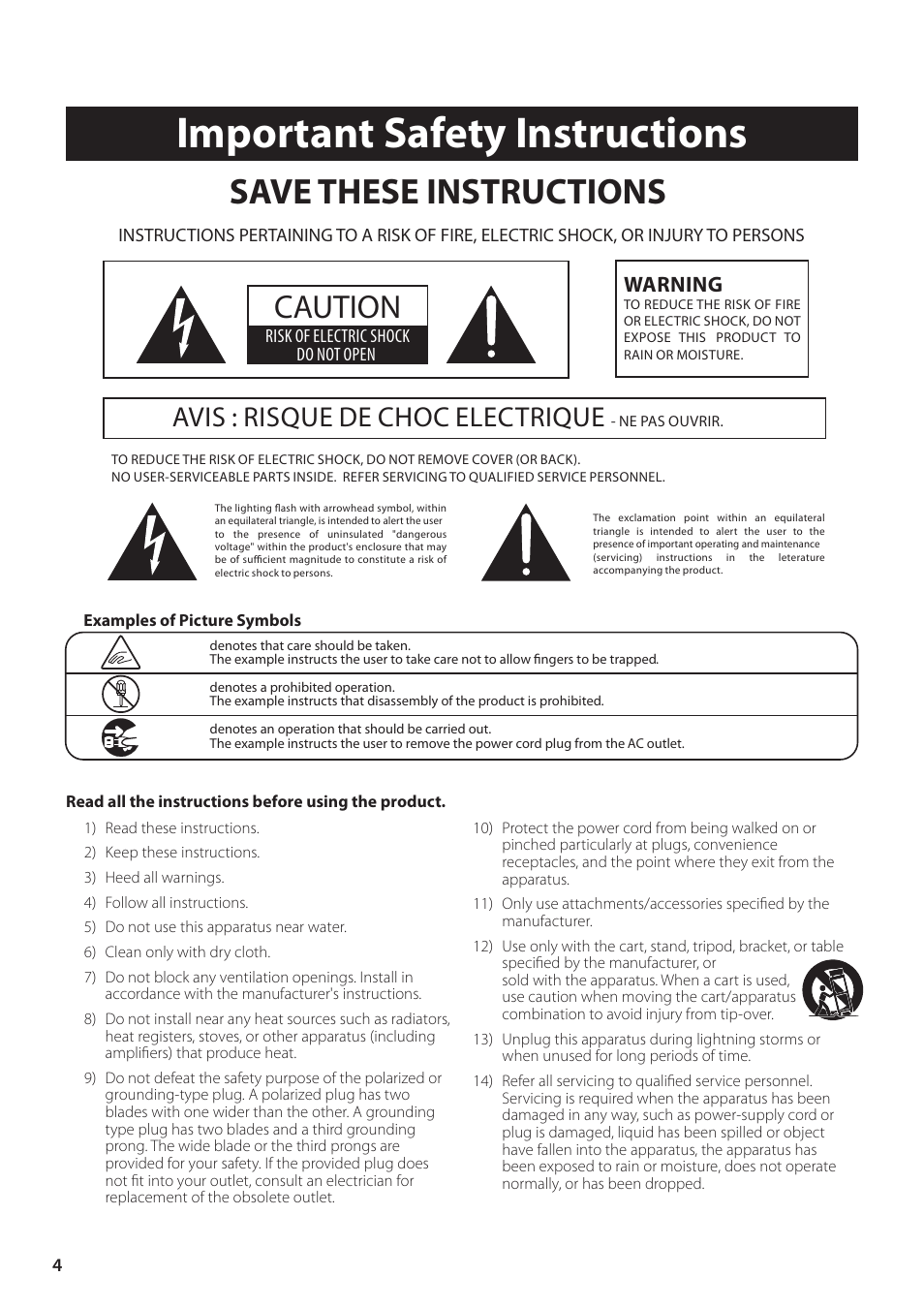 Important safety instructions, Save these instructions, Caution | Avis : risque de choc electrique, Warning | Kawai MP6 User Manual | Page 4 / 100