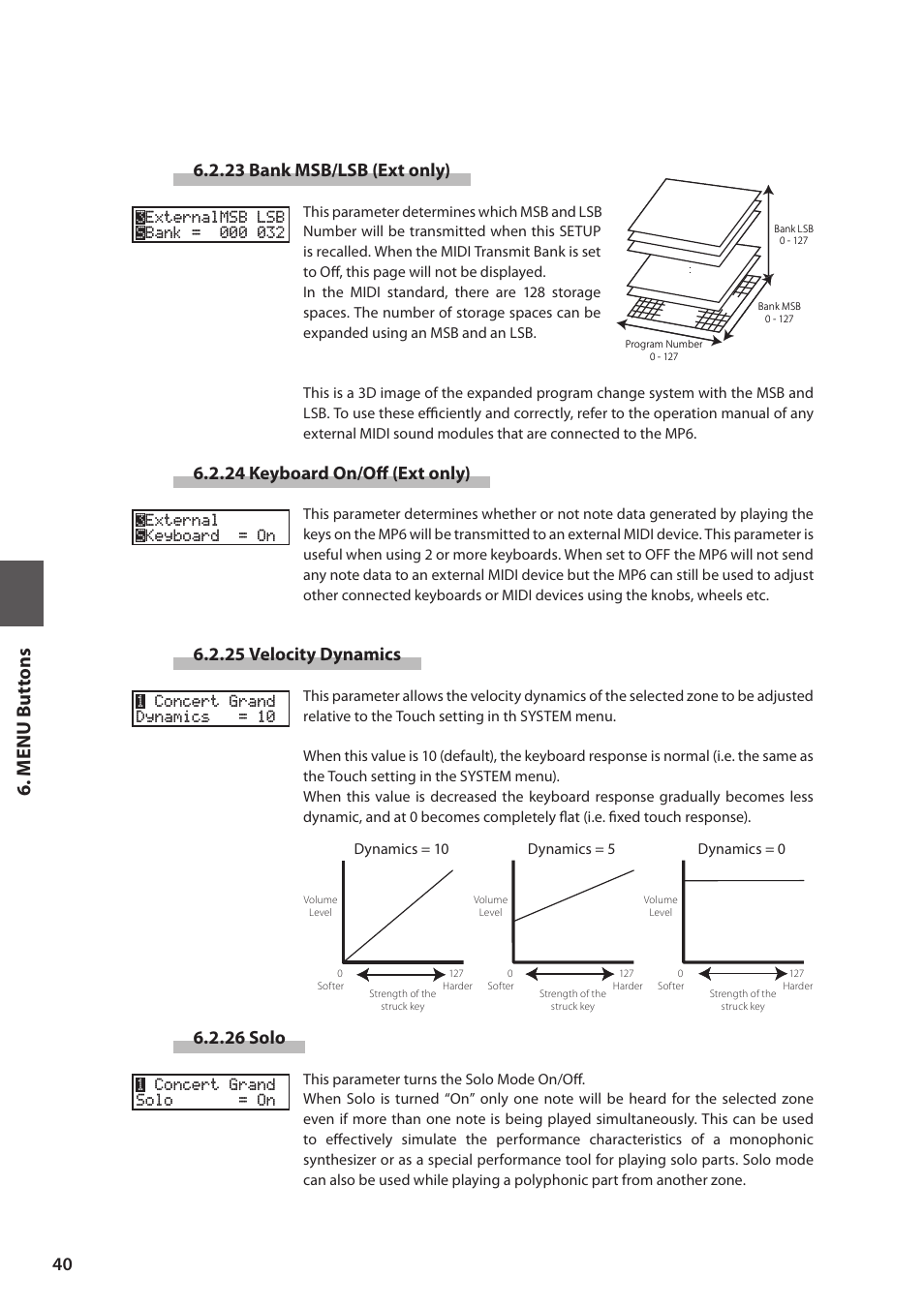 M e nu but tons, 23 bank msb/lsb (ext only), 24 keyboard on/off (ext only) | 25 velocity dynamics, 26 solo | Kawai MP6 User Manual | Page 40 / 100