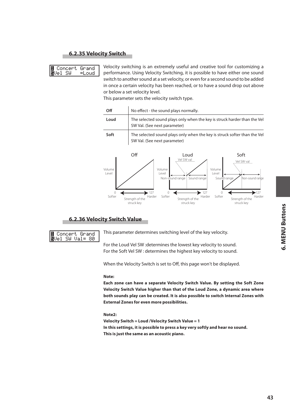 M e nu but tons, 35 velocity switch, 36 velocity switch value | Kawai MP6 User Manual | Page 43 / 100