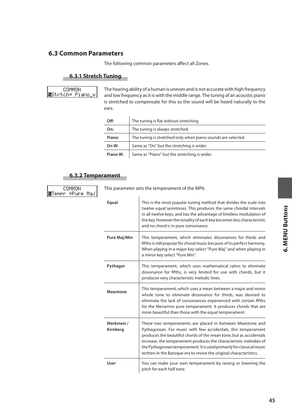 3 common parameters, M e nu but tons, 1 stretch tuning | 2 temperament | Kawai MP6 User Manual | Page 45 / 100