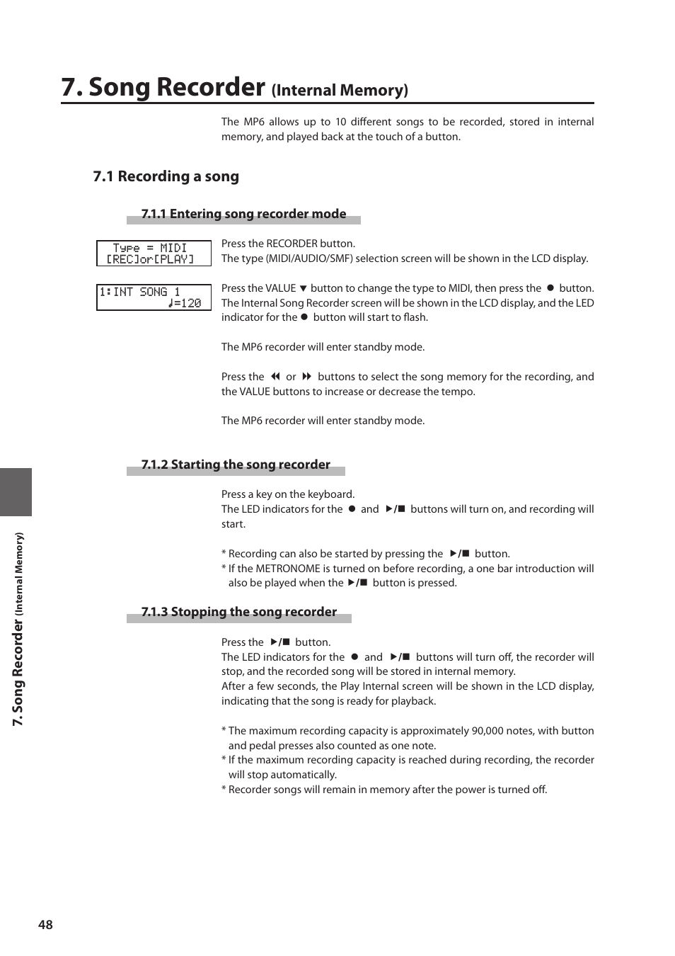 Song recorder, 1 recording a song | Kawai MP6 User Manual | Page 48 / 100