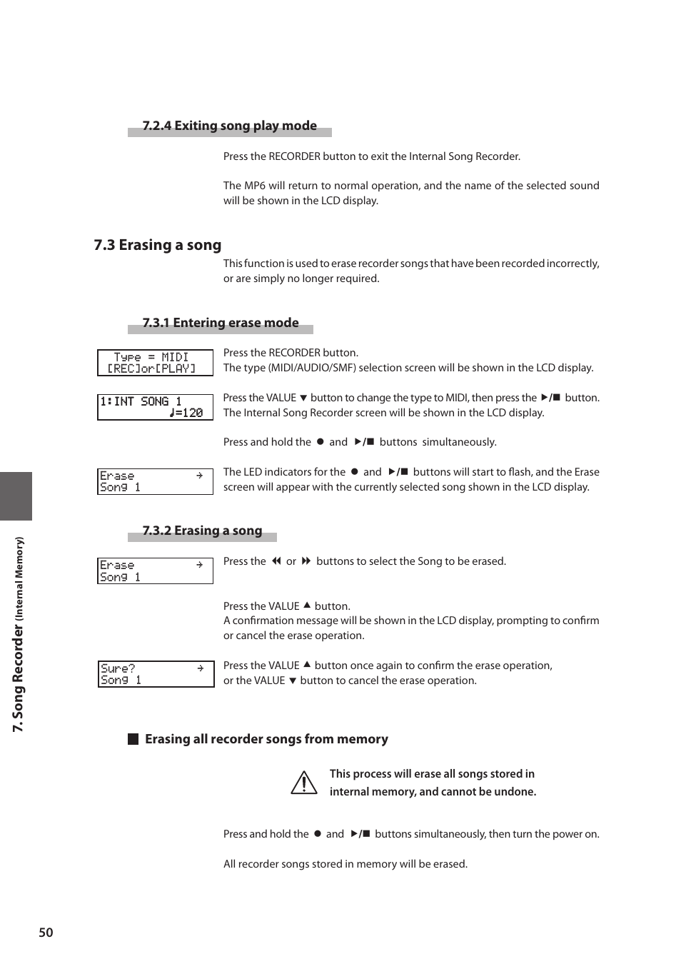 3 erasing a song, Song recorder | Kawai MP6 User Manual | Page 50 / 100