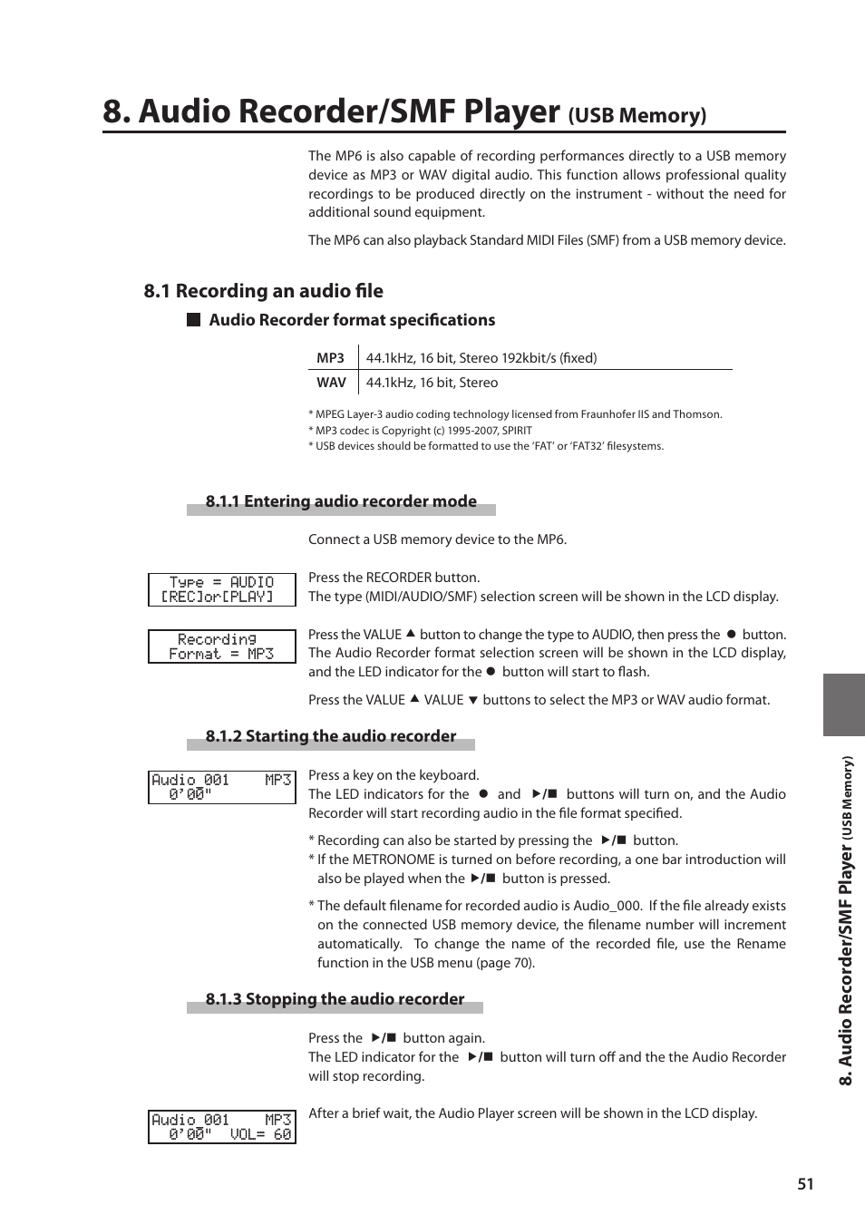 Audio recorder/smf player, 1 recording an audio file | Kawai MP6 User Manual | Page 51 / 100