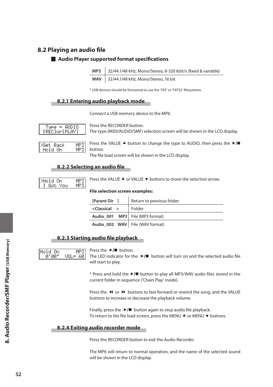 2 playing an audio file, A u dio recorder /s mf p la y er | Kawai MP6 User Manual | Page 52 / 100