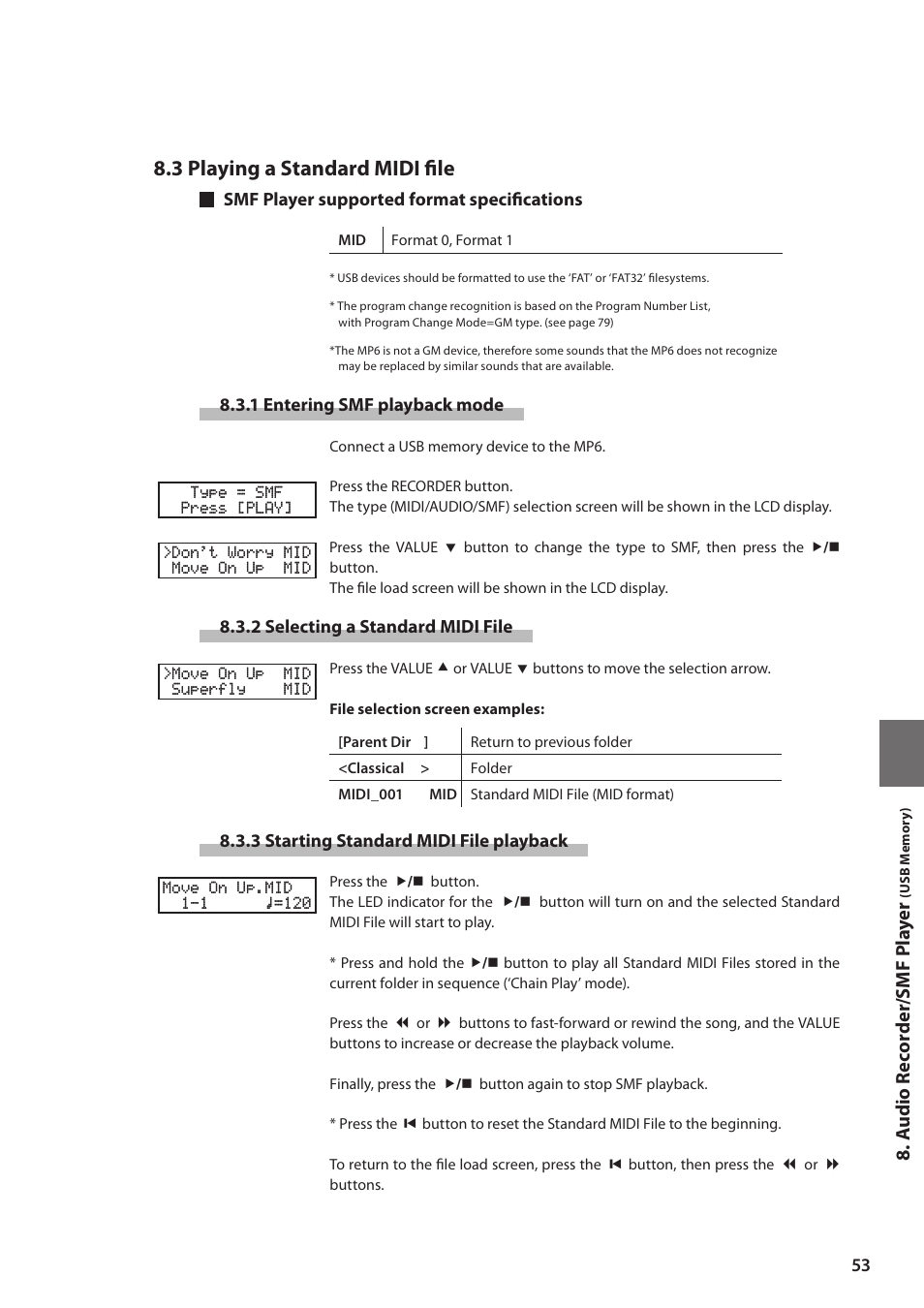 3 playing a standard midi file, A u dio recorder /s mf p la y er | Kawai MP6 User Manual | Page 53 / 100