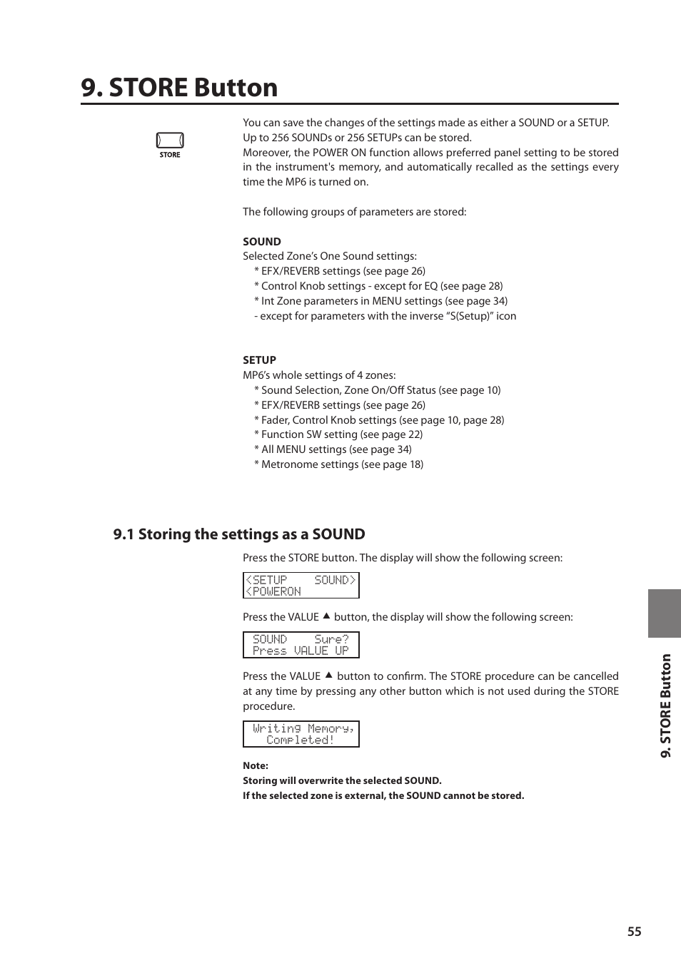 Store button, 1 storing the settings as a sound | Kawai MP6 User Manual | Page 55 / 100