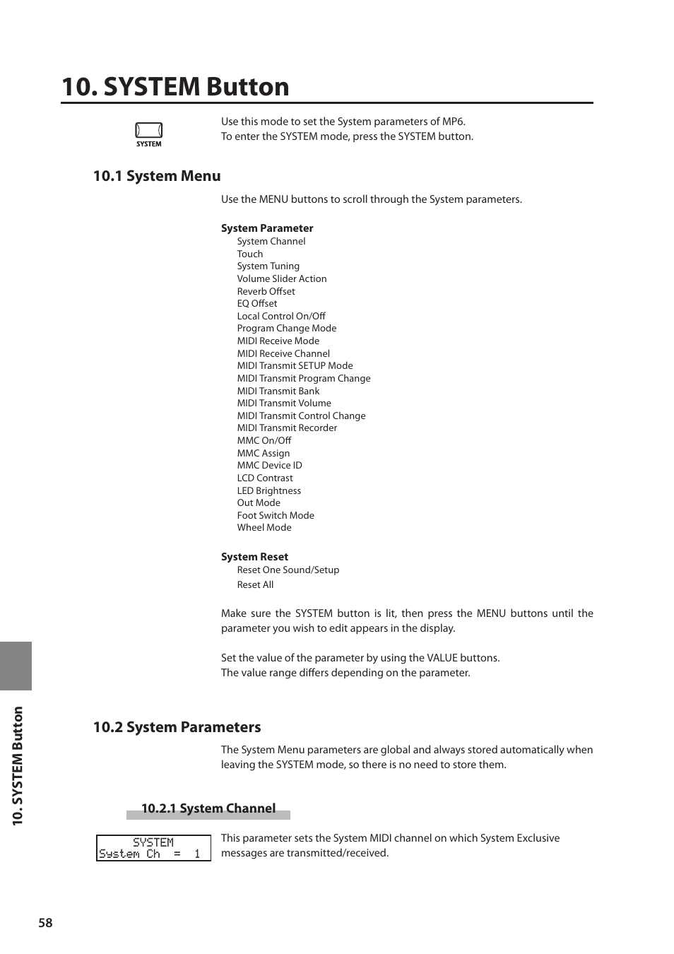 System button, 1 system menu, 2 system parameters | Kawai MP6 User Manual | Page 58 / 100