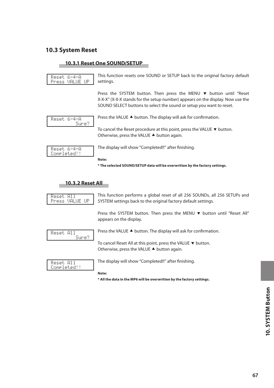 3 system reset, 10 . sy ste m but ton | Kawai MP6 User Manual | Page 67 / 100