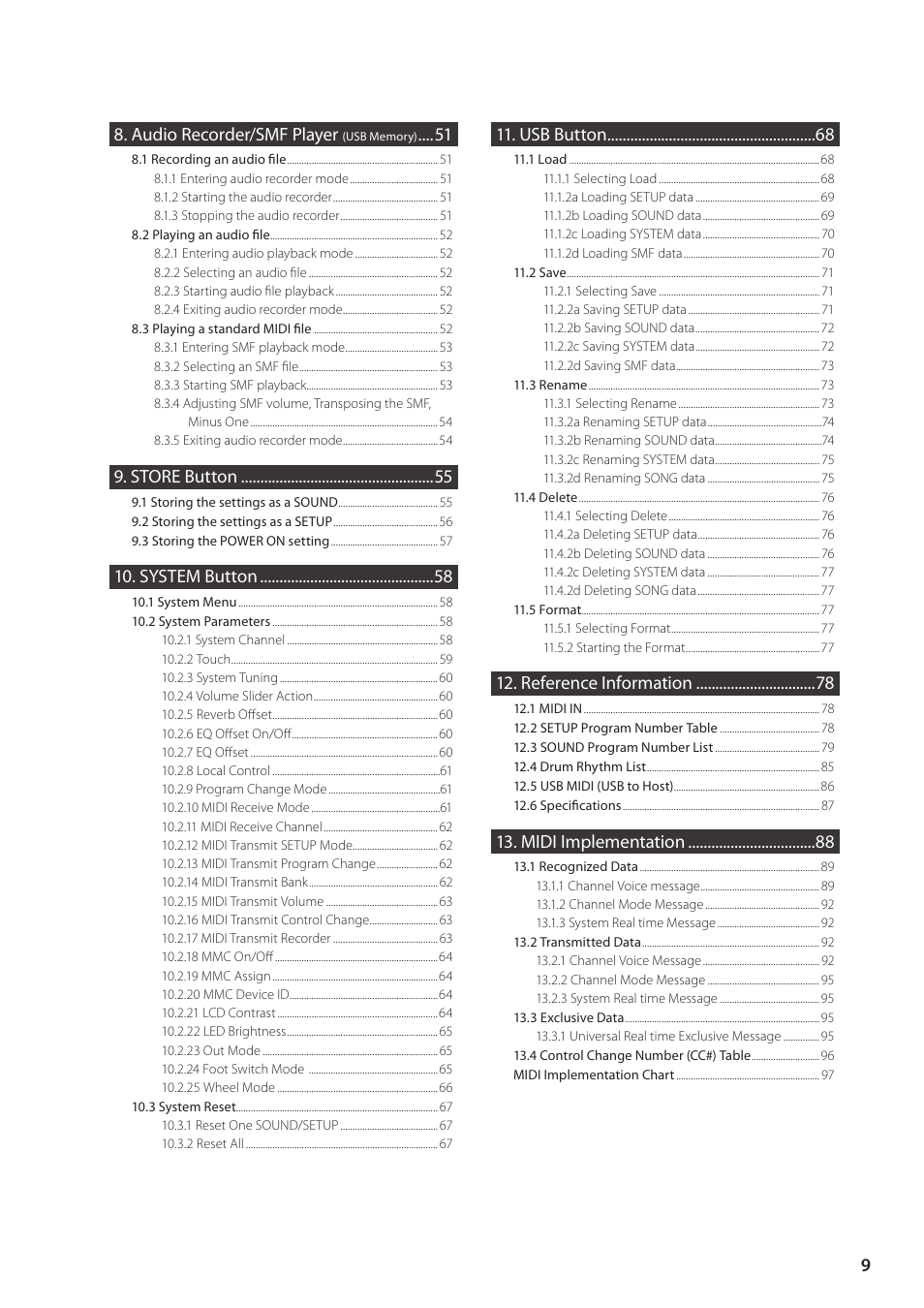 Audio recorder/smf player, Store button, System button | Usb button, Reference information, Midi implementation | Kawai MP6 User Manual | Page 9 / 100