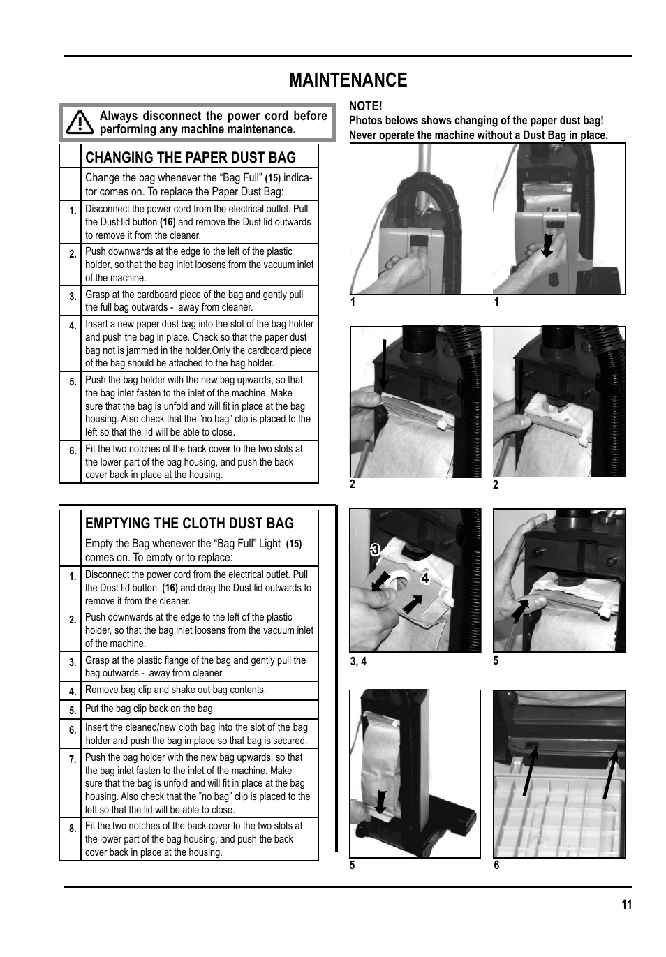 Maintenance, Changing the paper dust bag, Emptying the cloth dust bag | Clarke GU 15 DMU User Manual | Page 11 / 36