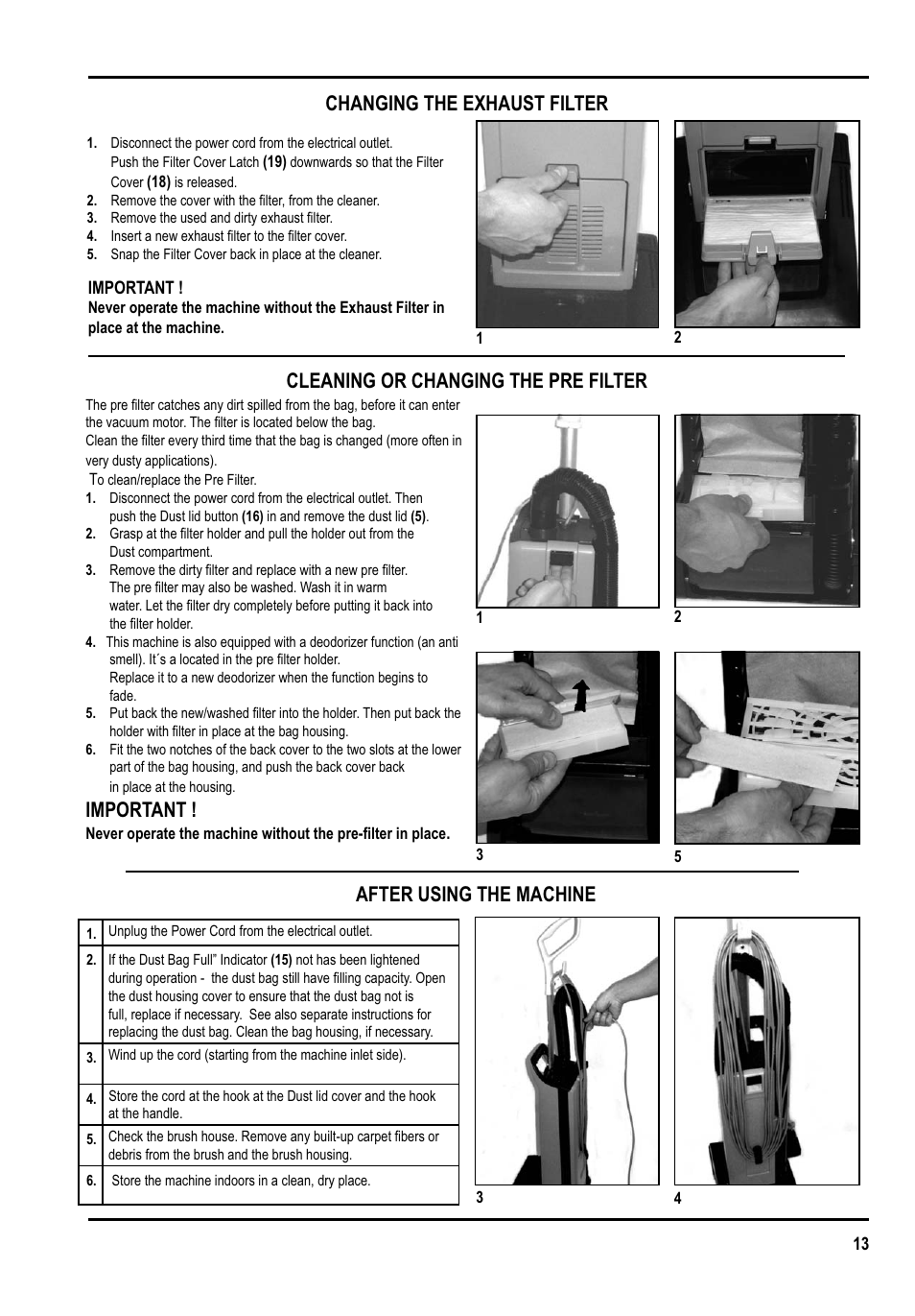Important, Changing the exhaust filter | Clarke GU 15 DMU User Manual | Page 13 / 36