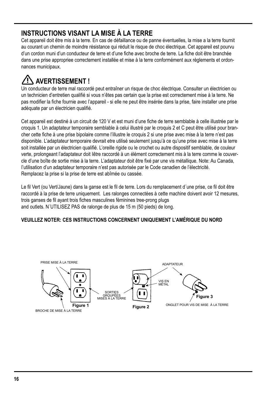 Instructions visant la mise à la terre, Avertissement | Clarke GU 15 DMU User Manual | Page 16 / 36