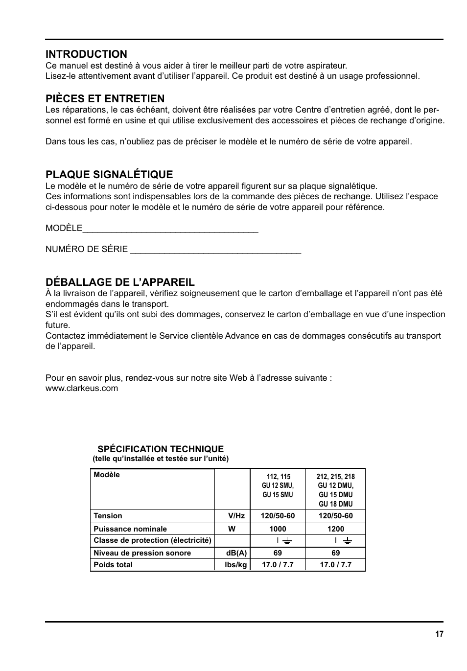 Introduction, Pièces et entretien, Plaque signalétique | Déballage de l’appareil | Clarke GU 15 DMU User Manual | Page 17 / 36