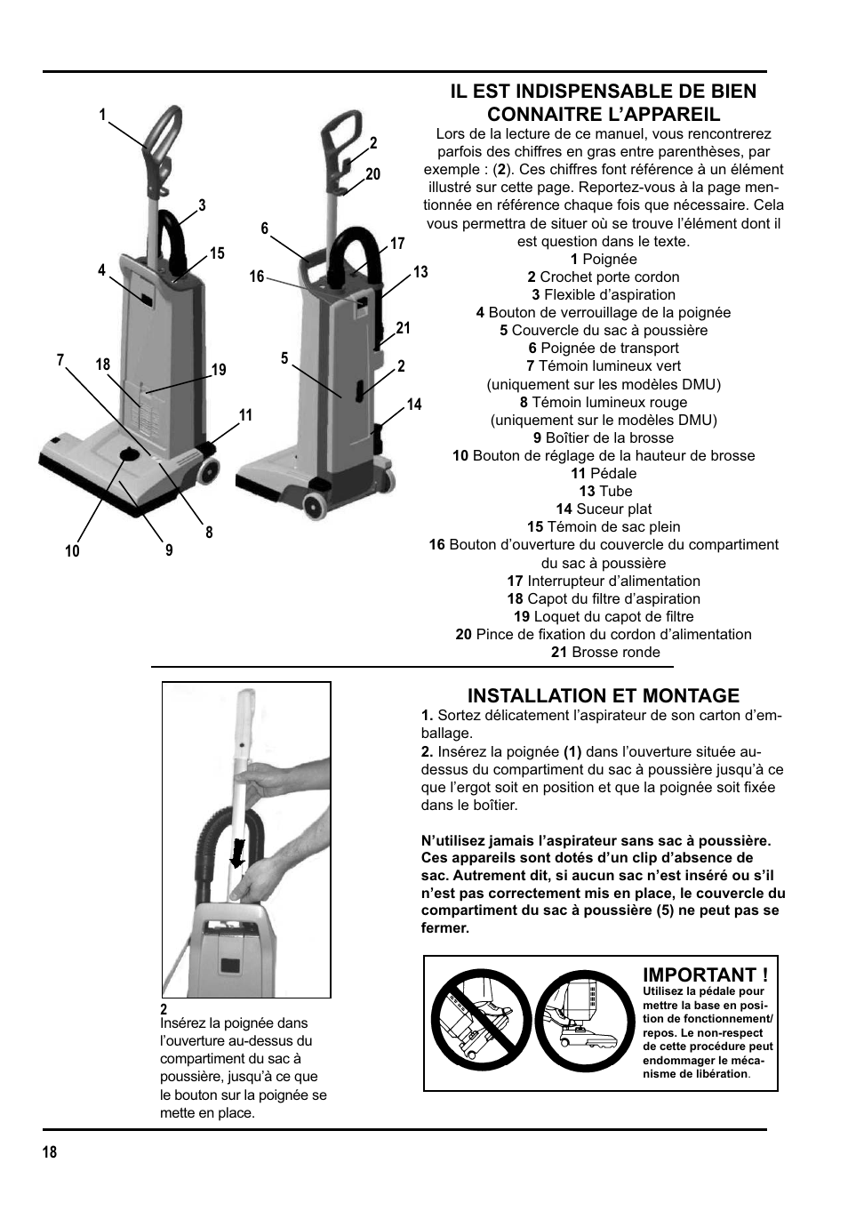 Il est indispensable de bien connaitre l’appareil, Installation et montage, Important | Clarke GU 15 DMU User Manual | Page 18 / 36