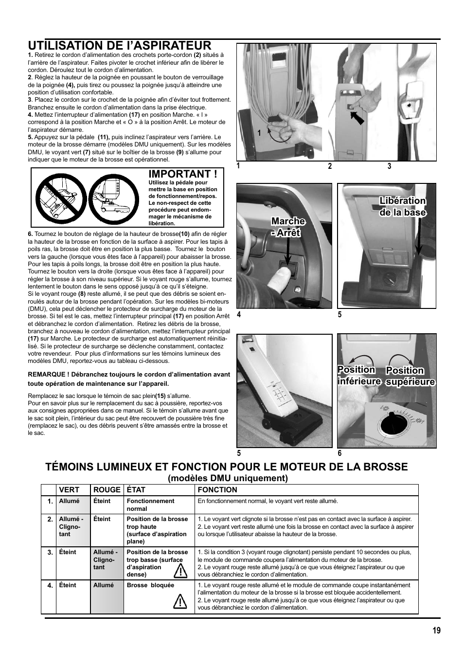 Utilisation de l’aspirateur, Important | Clarke GU 15 DMU User Manual | Page 19 / 36