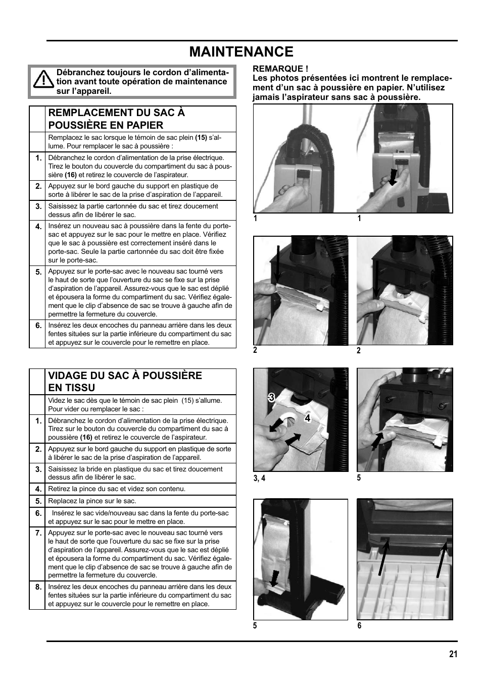 Maintenance, Remplacement du sac à poussière en papier, Vidage du sac à poussière en tissu | Clarke GU 15 DMU User Manual | Page 21 / 36