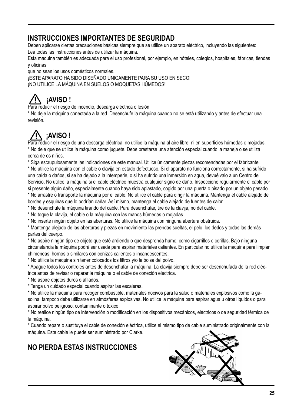 Instrucciones importantes de seguridad, Aviso, No pierda estas instrucciones | Clarke GU 15 DMU User Manual | Page 25 / 36