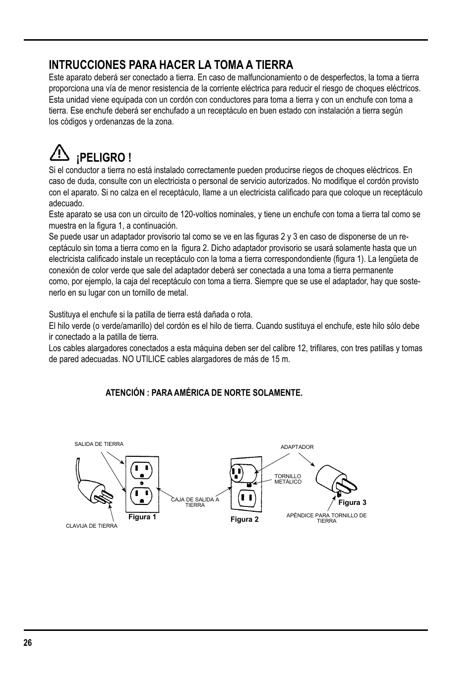 Intrucciones para hacer la toma a tierra, Peligro | Clarke GU 15 DMU User Manual | Page 26 / 36