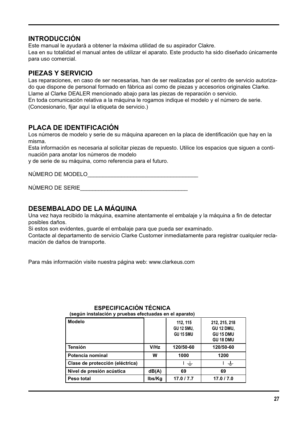 Introducción, Piezas y servicio, Placa de identificación | Desembalado de la máquina | Clarke GU 15 DMU User Manual | Page 27 / 36