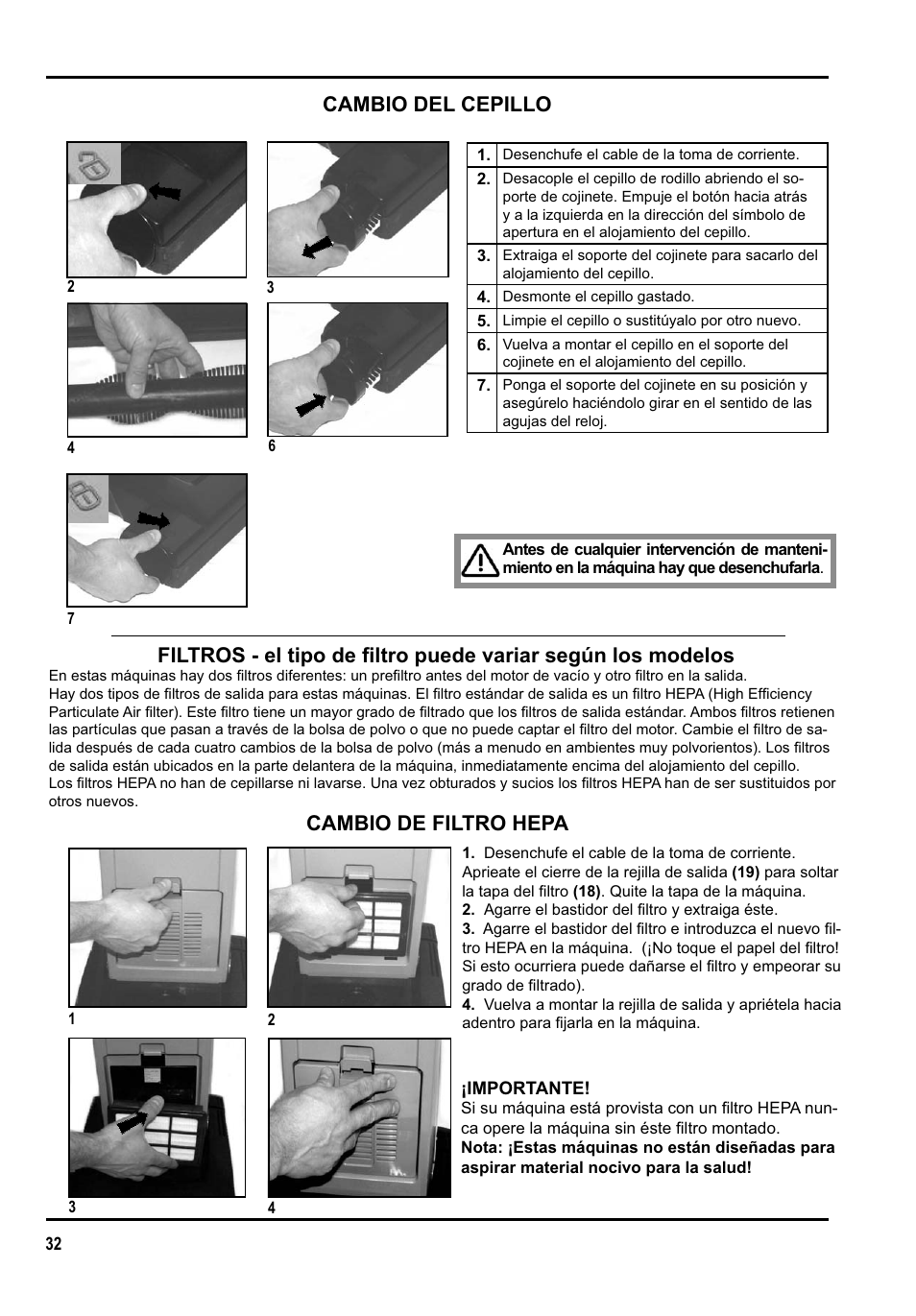 Cambio de filtro hepa, Cambio del cepillo | Clarke GU 15 DMU User Manual | Page 32 / 36