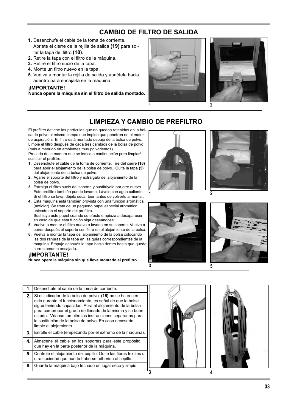 Cambio de filtro de salida, Limpieza y cambio de prefiltro | Clarke GU 15 DMU User Manual | Page 33 / 36