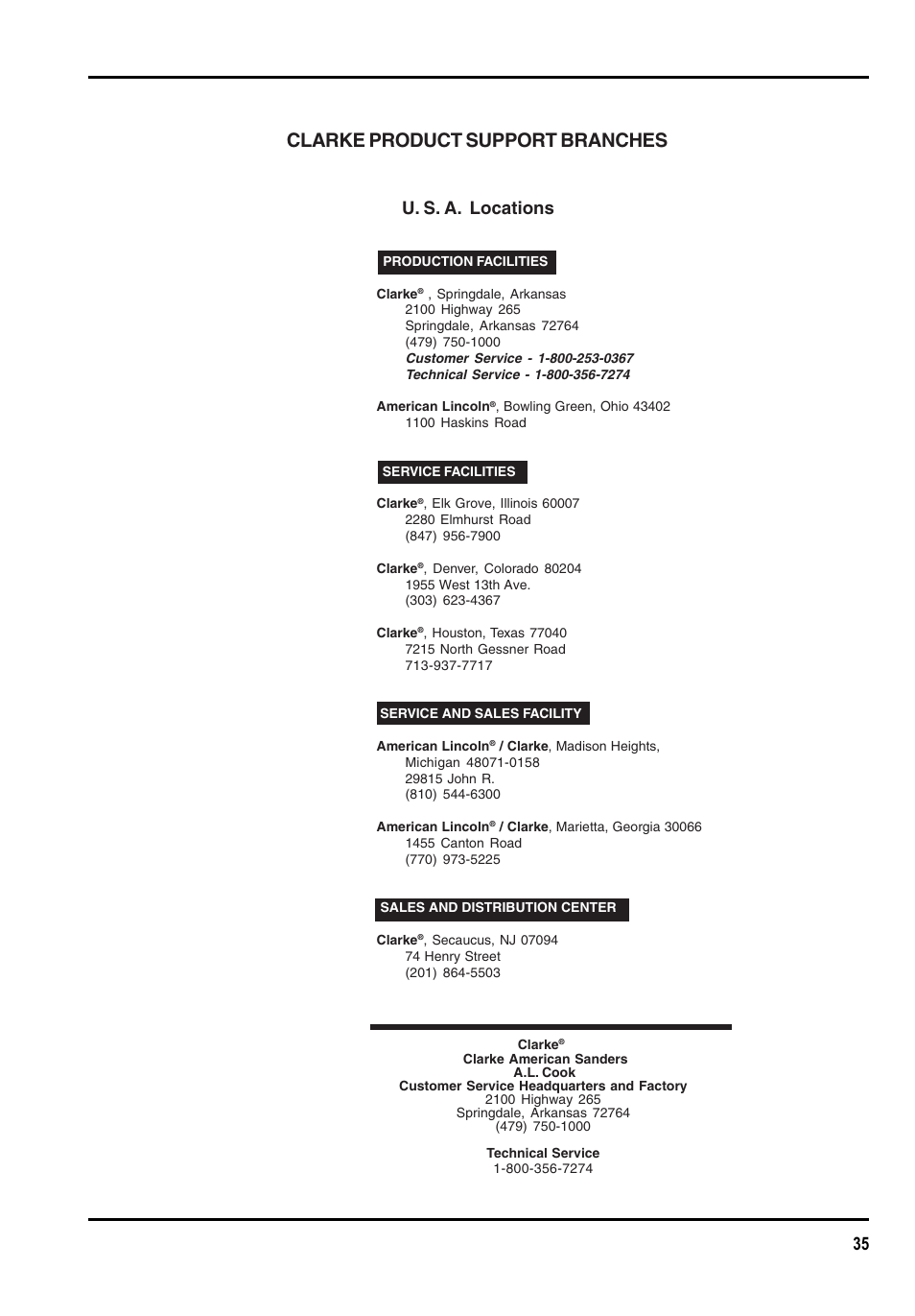 Clarke product support branches, 35 u. s. a. locations | Clarke GU 15 DMU User Manual | Page 35 / 36