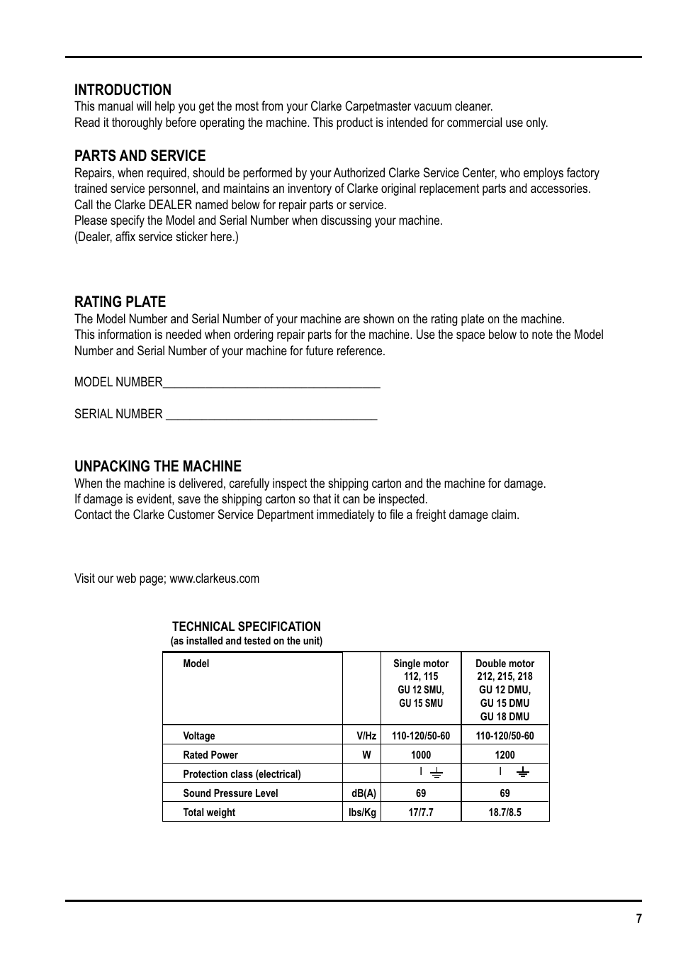 Introduction, Parts and service, Rating plate | Unpacking the machine | Clarke GU 15 DMU User Manual | Page 7 / 36