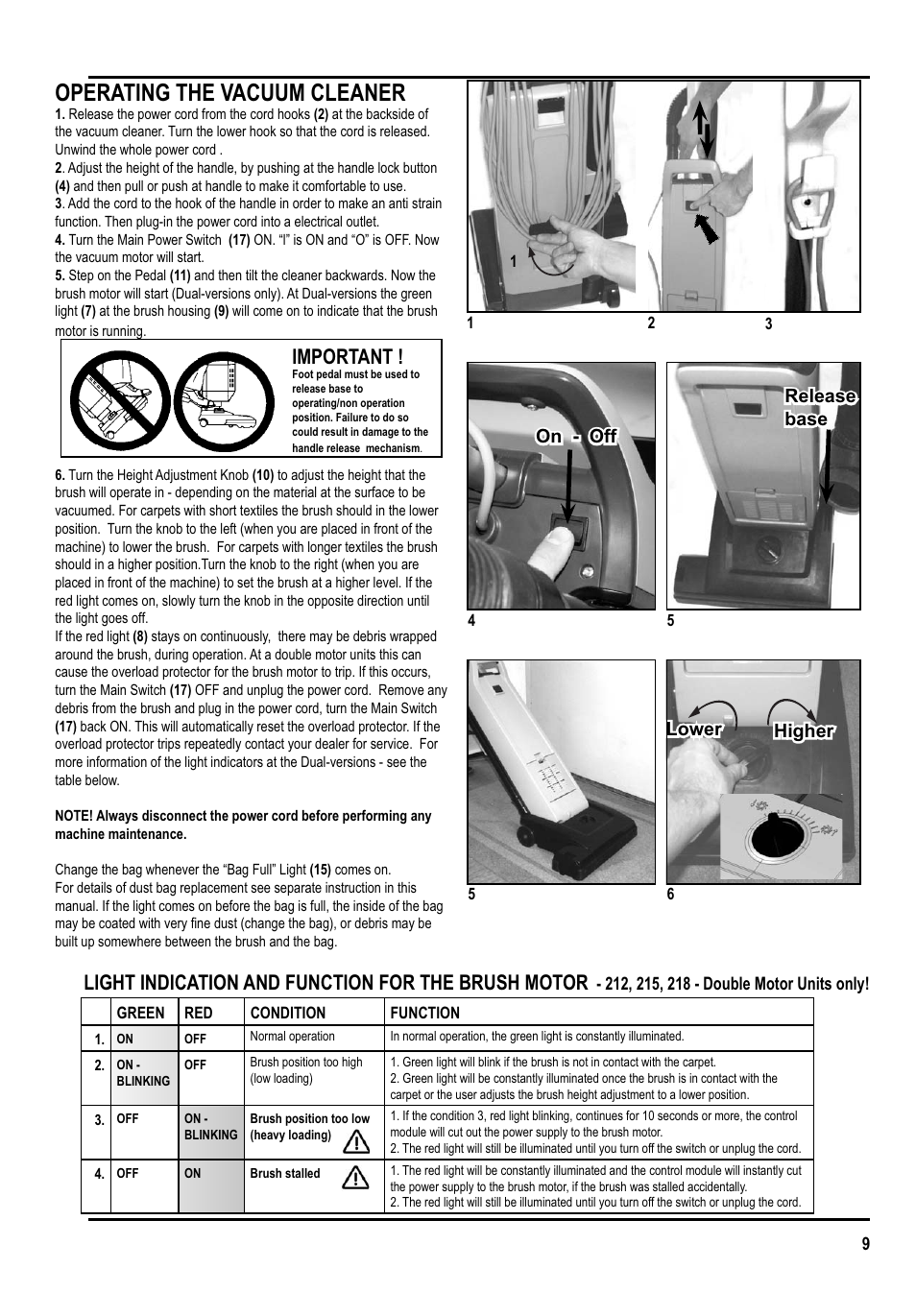 Operating the vacuum cleaner, Important, Light indication and function for the brush motor | Clarke GU 15 DMU User Manual | Page 9 / 36