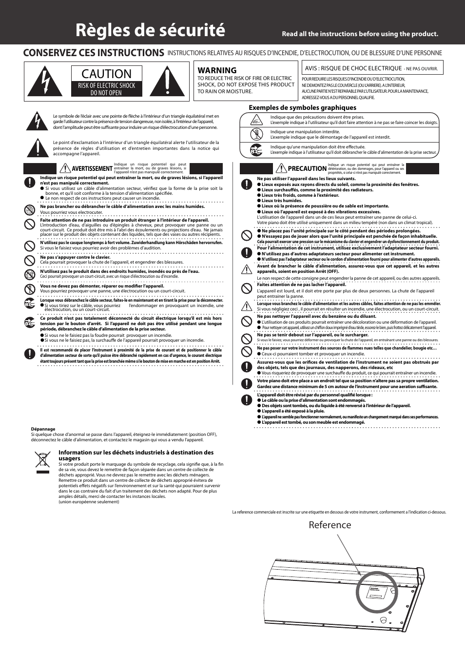 Règles de sécurité, Caution, Conservez ces instructions | Reference, Warning, Risk of electric shock do not open, Read all the instructions before using the product, Exemples de symboles graphiques avertissement, Precaution | Kawai VPC1 User Manual | Page 11 / 28