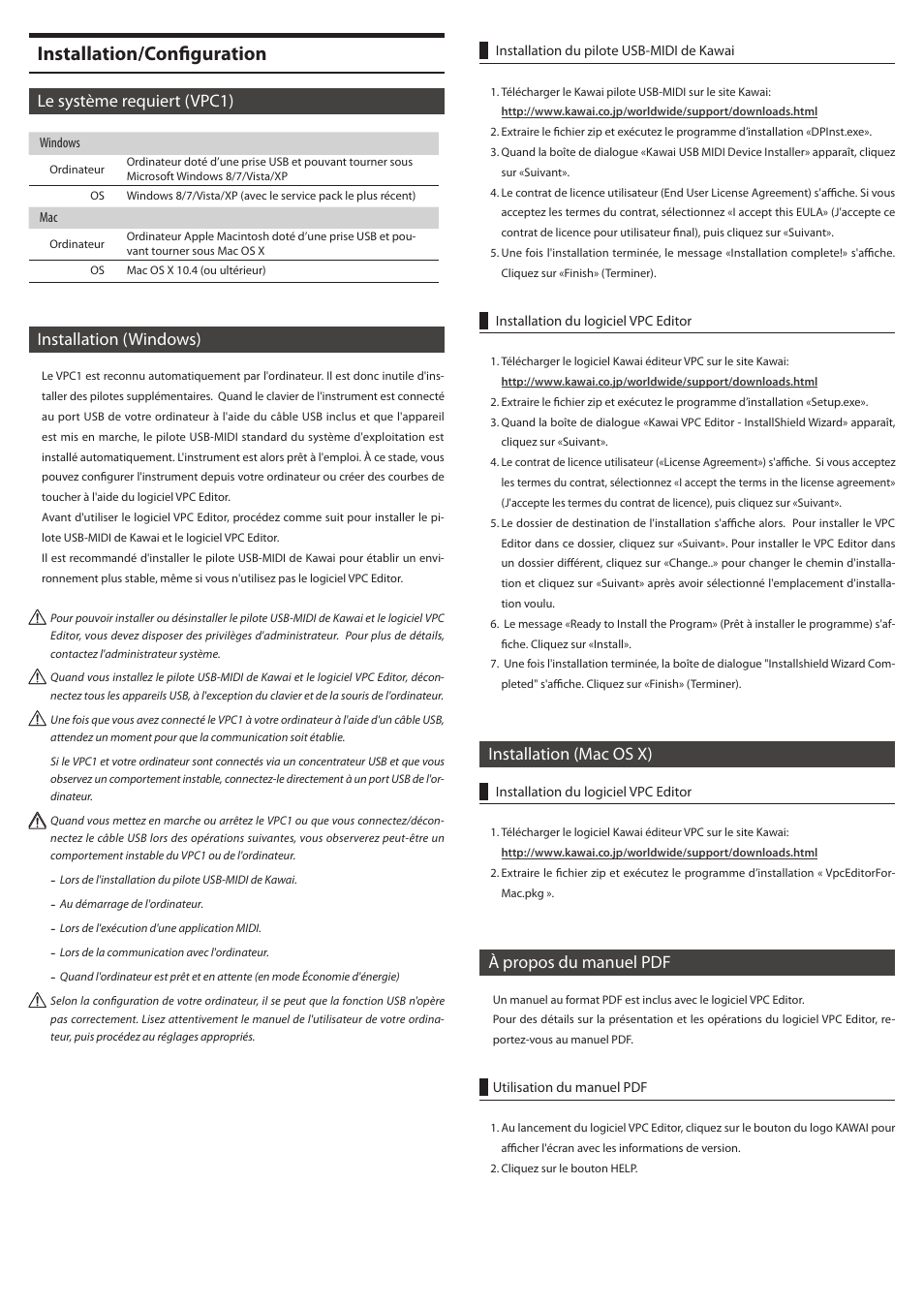 Installation/configuration, Le système requiert (vpc1), Installation (windows) | Installation (mac os x), À propos du manuel pdf | Kawai VPC1 User Manual | Page 13 / 28