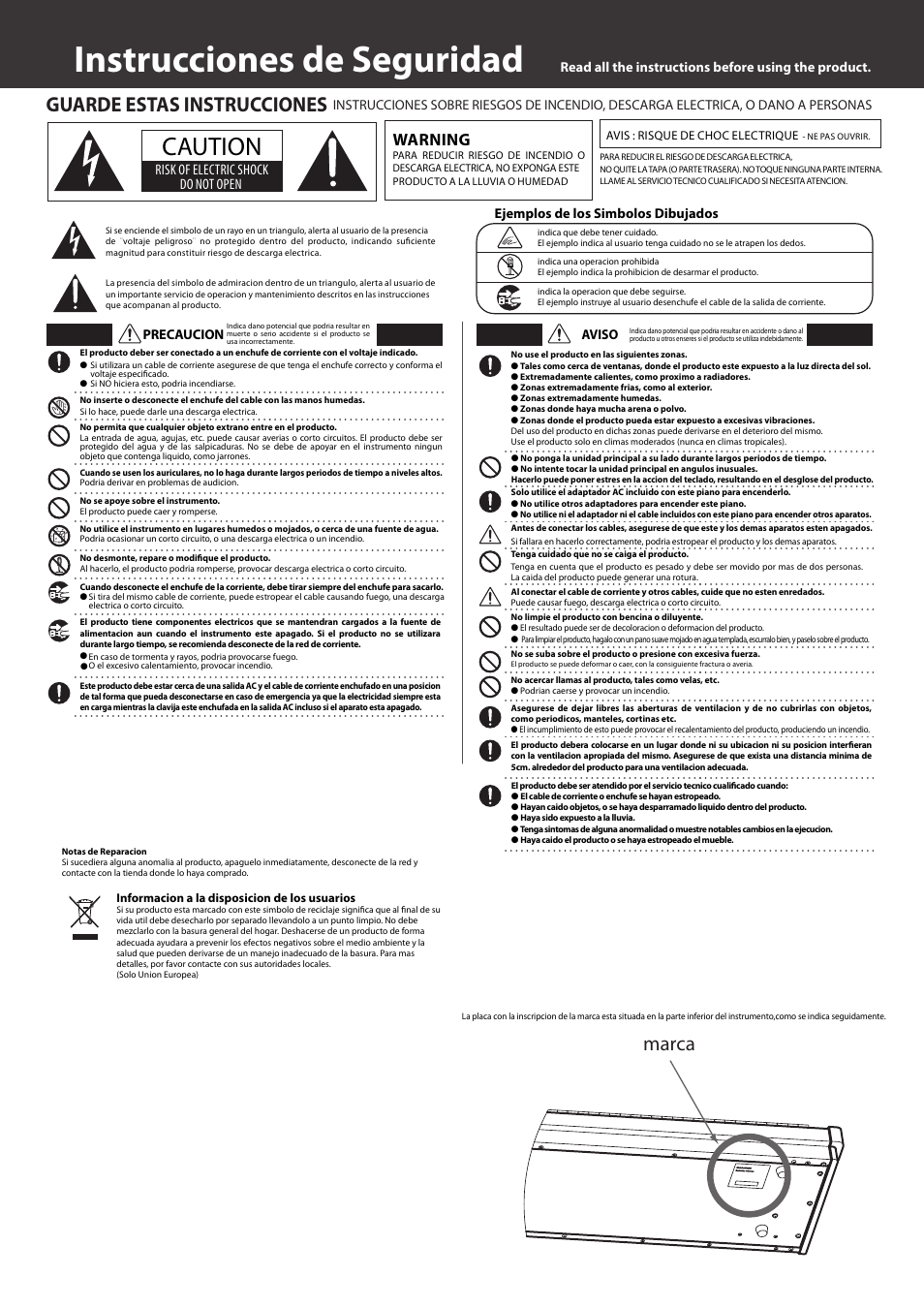 Instrucciones de seguridad, Caution, Guarde estas instrucciones | Marca, Warning, Risk of electric shock do not open, Read all the instructions before using the product, Ejemplos de los simbolos dibujados precaucion, Aviso | Kawai VPC1 User Manual | Page 15 / 28