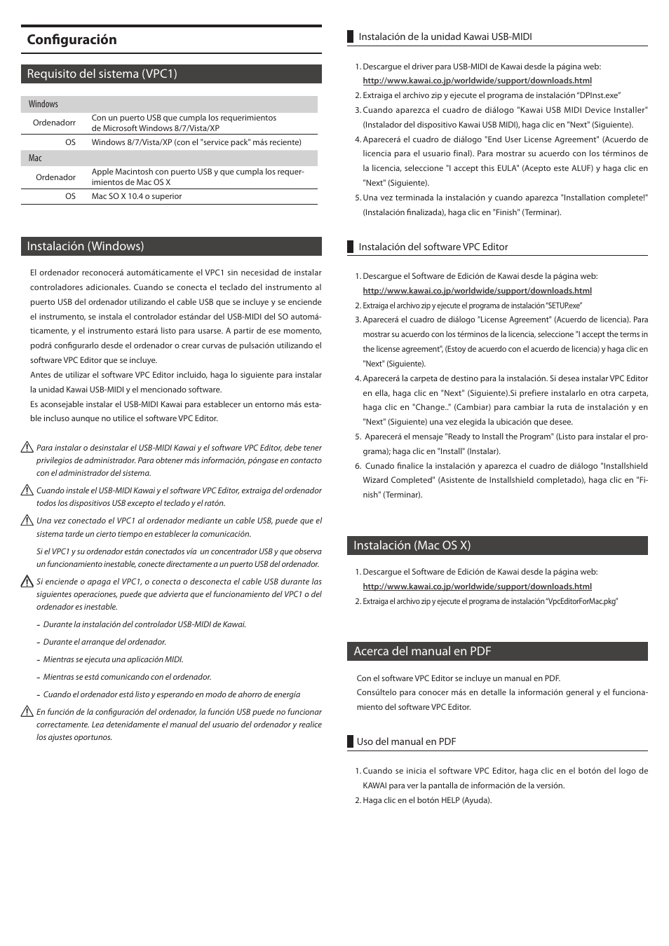 Configuración, Requisito del sistema (vpc1), Instalación (windows) | Instalación (mac os x), Acerca del manual en pdf | Kawai VPC1 User Manual | Page 17 / 28