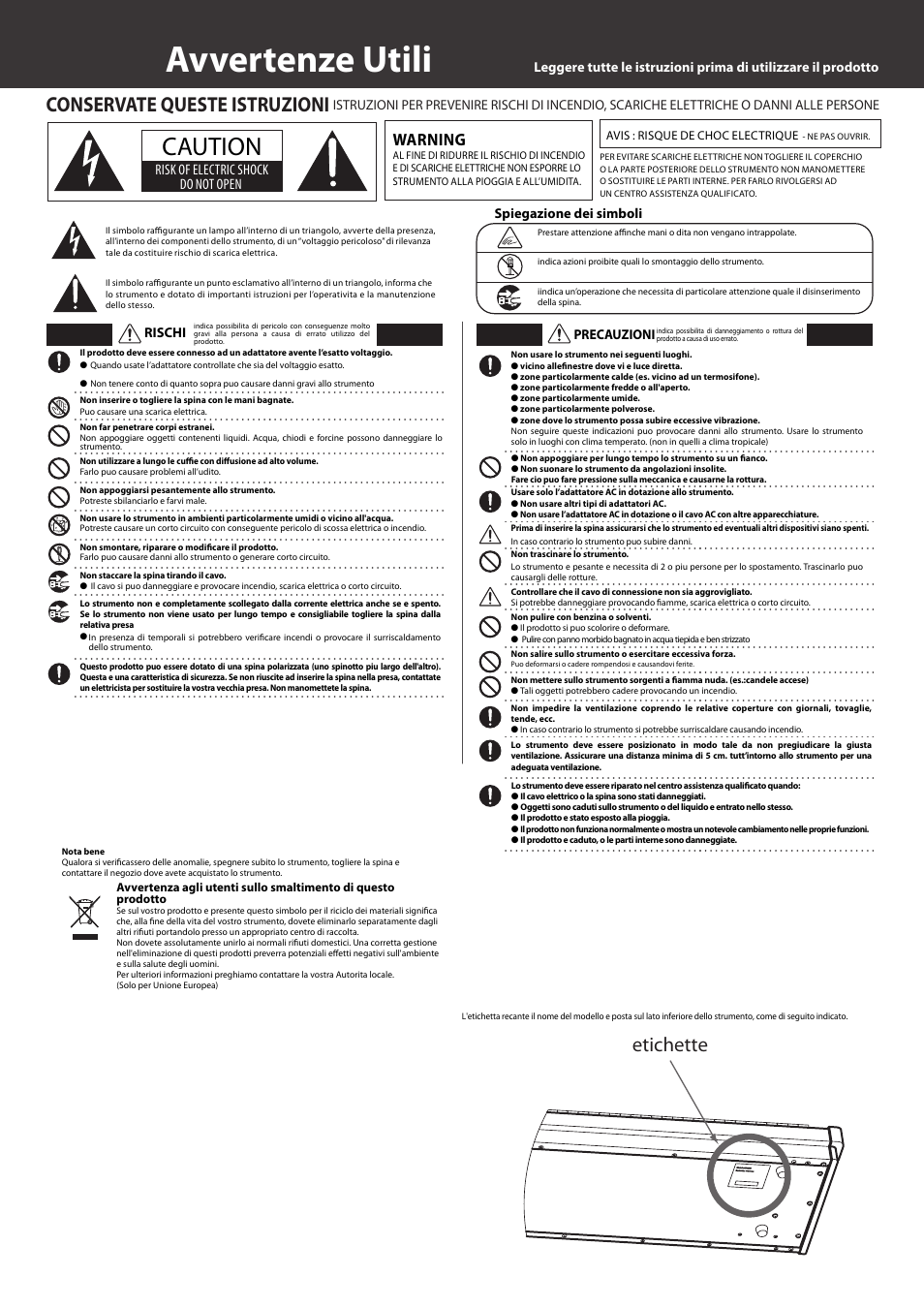 Avvertenze utili, Caution, Conservate queste istruzioni | Etichette, Warning, Risk of electric shock do not open, Spiegazione dei simboli rischi, Precauzioni | Kawai VPC1 User Manual | Page 19 / 28