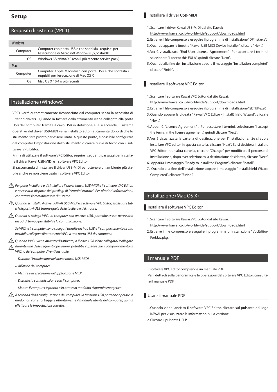 Setup, Requisiti di sistema (vpc1), Installazione (windows) | Installazione (mac os x), Il manuale pdf | Kawai VPC1 User Manual | Page 21 / 28