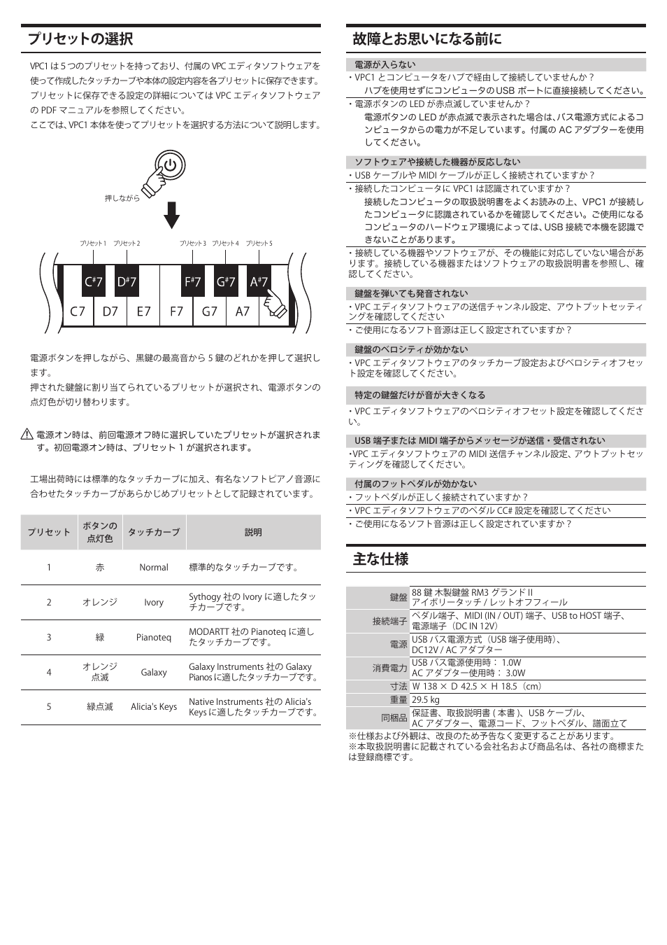 故障とお思いになる前に, 主な仕様, プリセットの選択 | Kawai VPC1 User Manual | Page 26 / 28