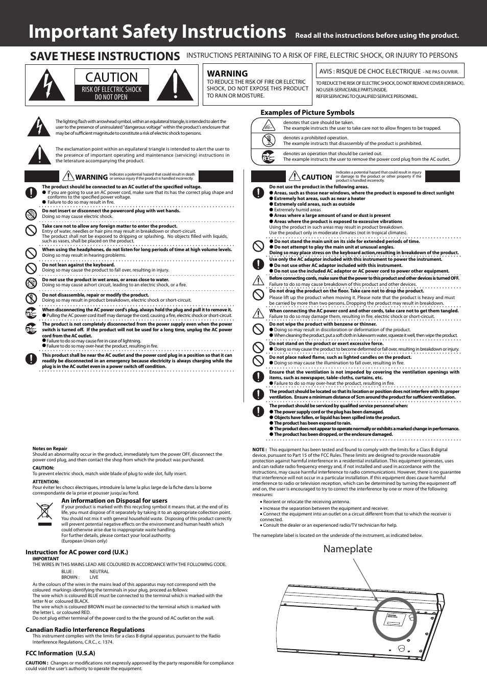 Important safety instructions, Caution, Save these instructions | Nameplate, Warning, Risk of electric shock do not open, Read all the instructions before using the product, Examples of picture symbols warning | Kawai VPC1 User Manual | Page 3 / 28