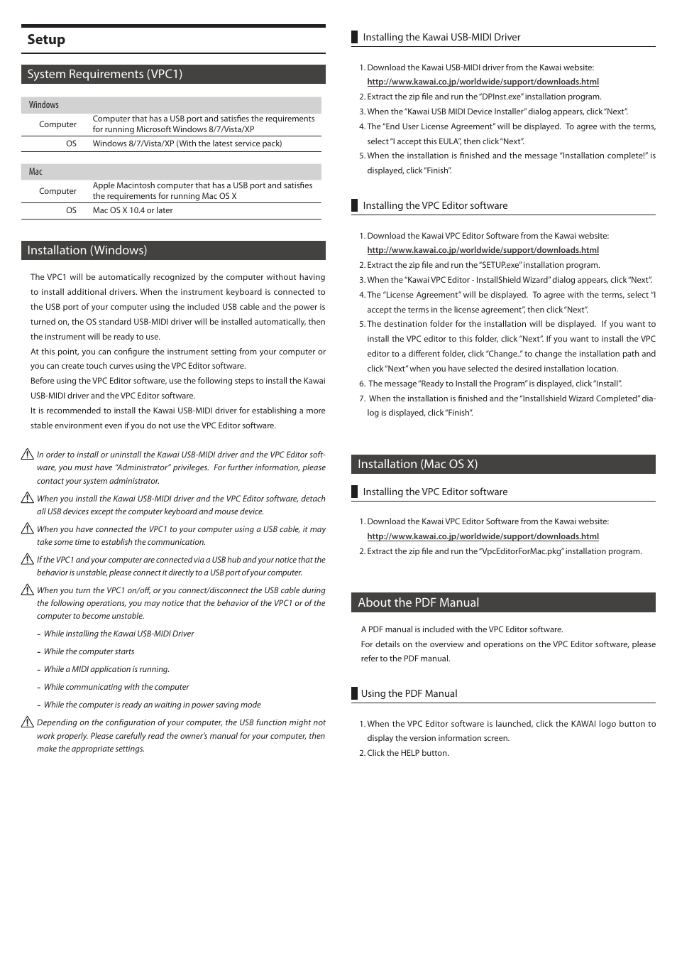 Setup, System requirements (vpc1), Installation (windows) | Installation (mac os x), About the pdf manual | Kawai VPC1 User Manual | Page 5 / 28