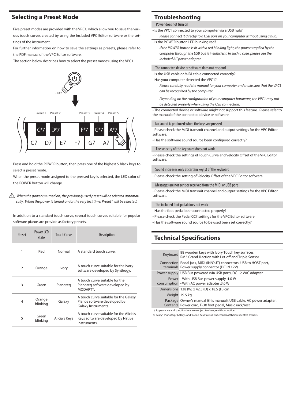 Troubleshooting, Technical specifications, Selecting a preset mode | Kawai VPC1 User Manual | Page 6 / 28