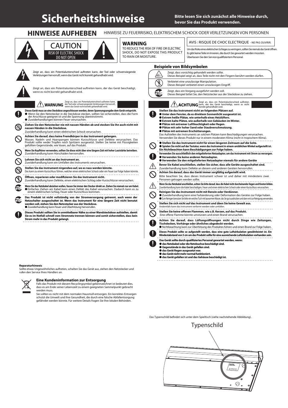 Sicherheitshinweise, Caution, Hinweise aufheben | Typenschild, Warning, Risk of electric shock do not open, Beispiele von bildsymbolen warnung, Achtung | Kawai VPC1 User Manual | Page 7 / 28