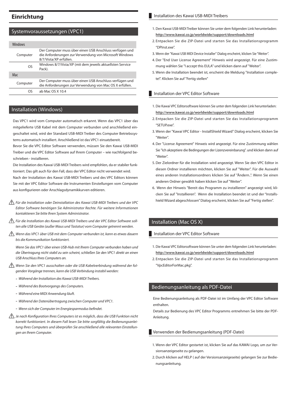 Einrichtung, Systemvoraussetzungen (vpc1), Installation (windows) | Installation (mac os x), Bedienungsanleitung als pdf-datei | Kawai VPC1 User Manual | Page 9 / 28