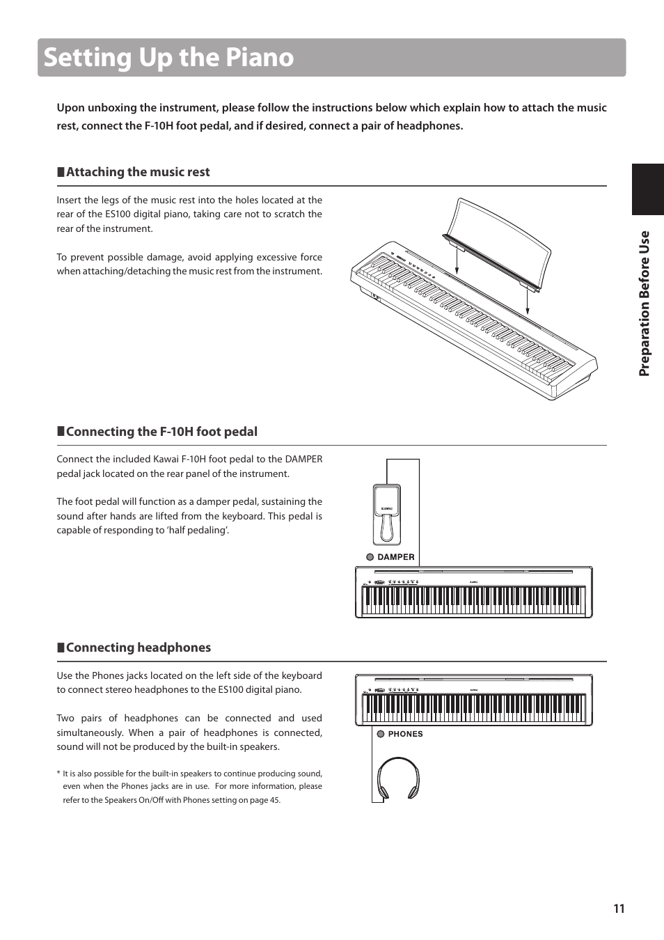 Setting up the piano | Kawai ES100 User Manual | Page 11 / 62