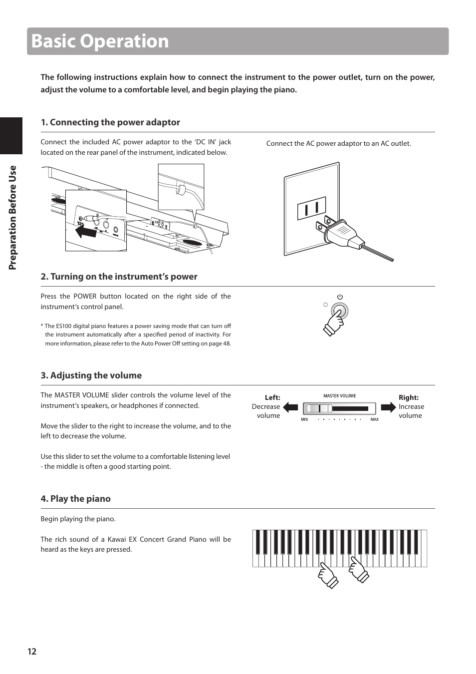 Basic operation | Kawai ES100 User Manual | Page 12 / 62